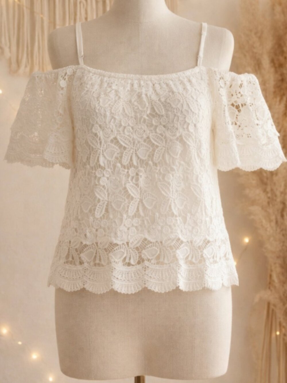 Miss Chievous White Lined Lace Top L Boho Romantic Cottagecore Feminine Festival